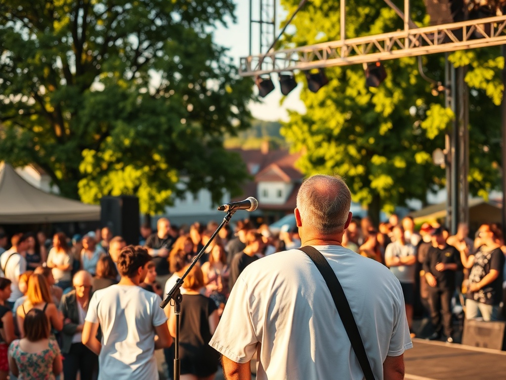 Plakat koncertowy lub symboliczny obraz Nowego Sącza podkreślający połączenie kultury i bezpieczeństwa